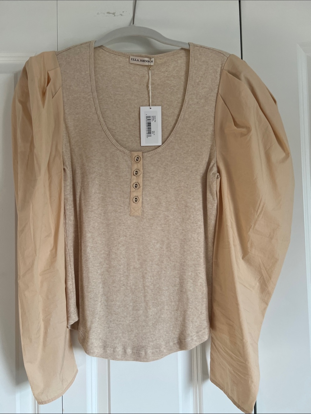 Ulla Johnson Joanne  Beige Puff-Sleeve Henley Top